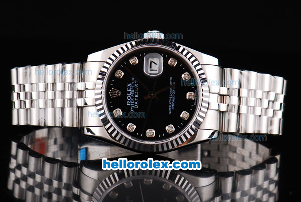 Rolex Datejust Oyster Perpetual Automatic Movement Silver Case with Black Dial and Diamond Markers - Click Image to Close